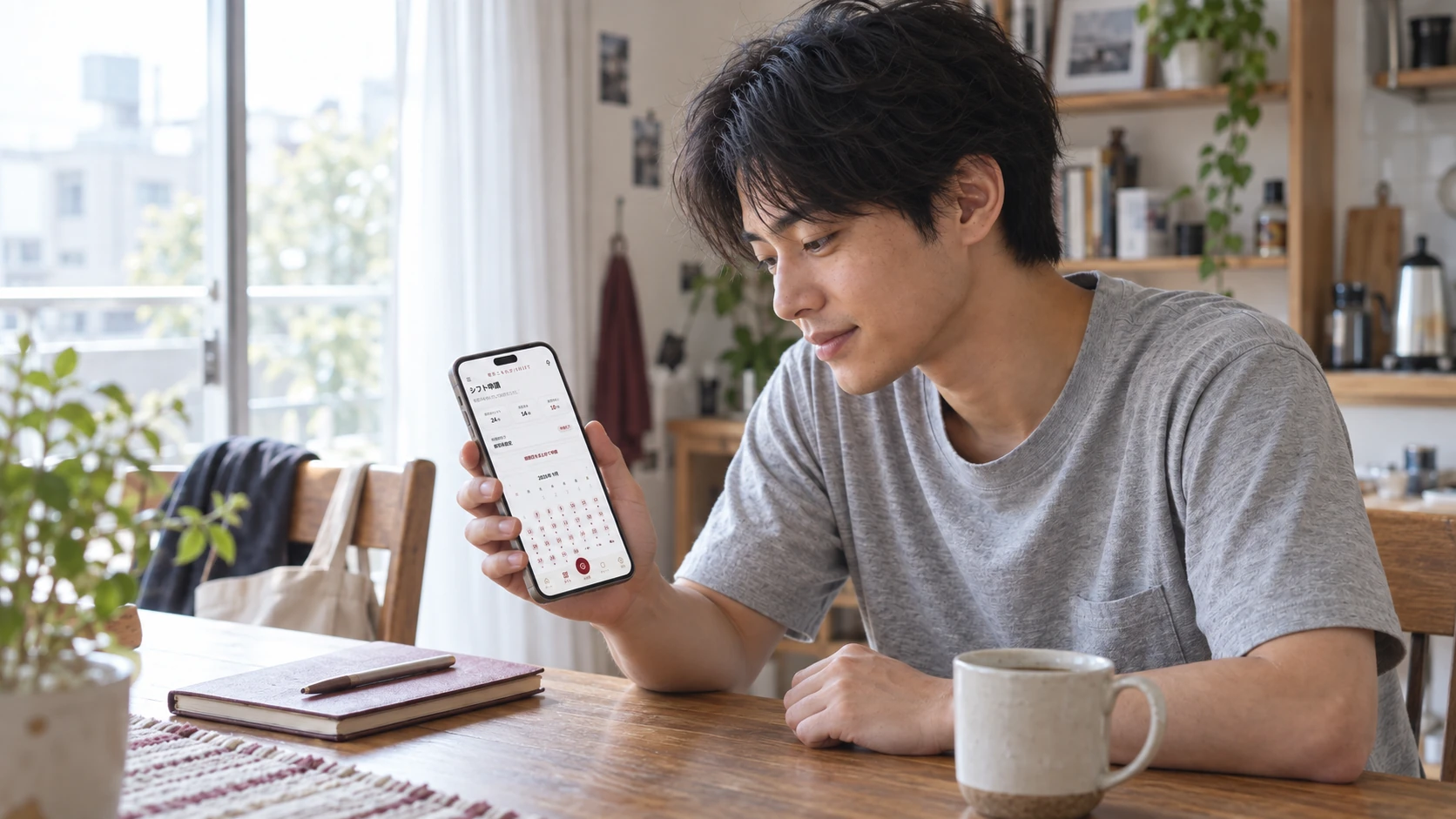 自宅のテーブルで、スマートフォンのS/SHIFTから次のシフトを確認するイメージ