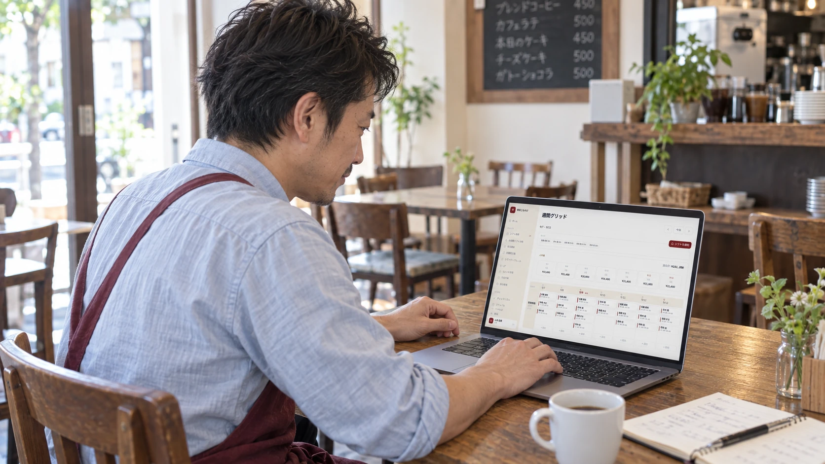 店長が店内のノートパソコンでS/SHIFTの週間シフト表を確認するイメージ
