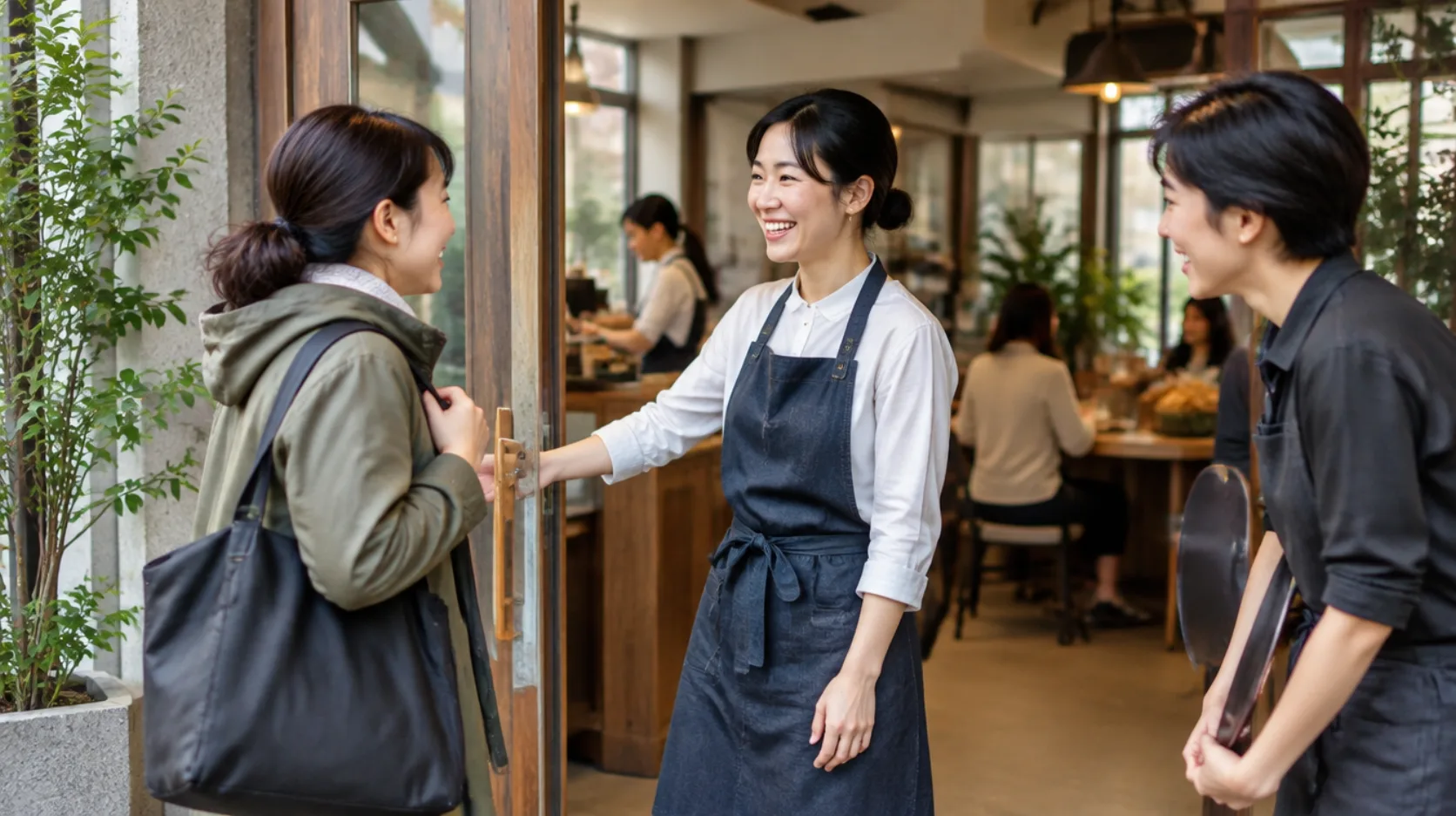 他店舗から応援に来たスタッフを迎えるAI生成イメージ