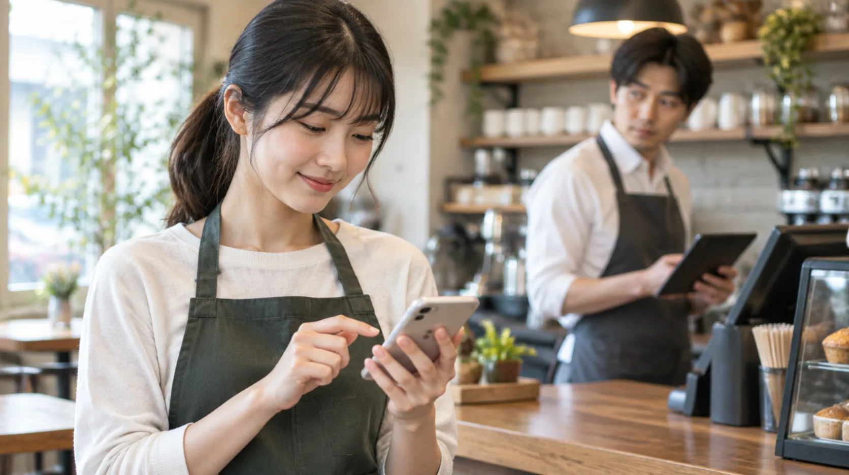 スタッフがスマートフォンで申請し、店長が気づくAI生成イメージ