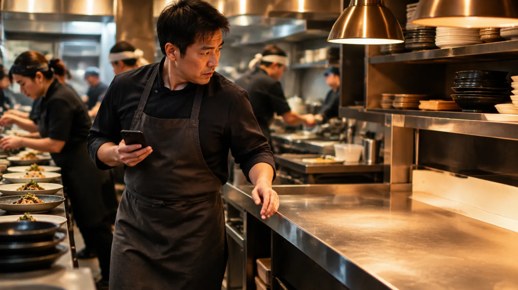 忙しい厨房で店長がスマートフォンを手に対応するAI生成イメージ