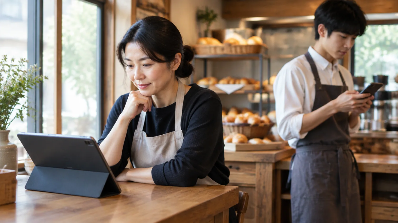 店長のタブレットとスタッフのスマートフォンを並べて示したAI生成イメージ