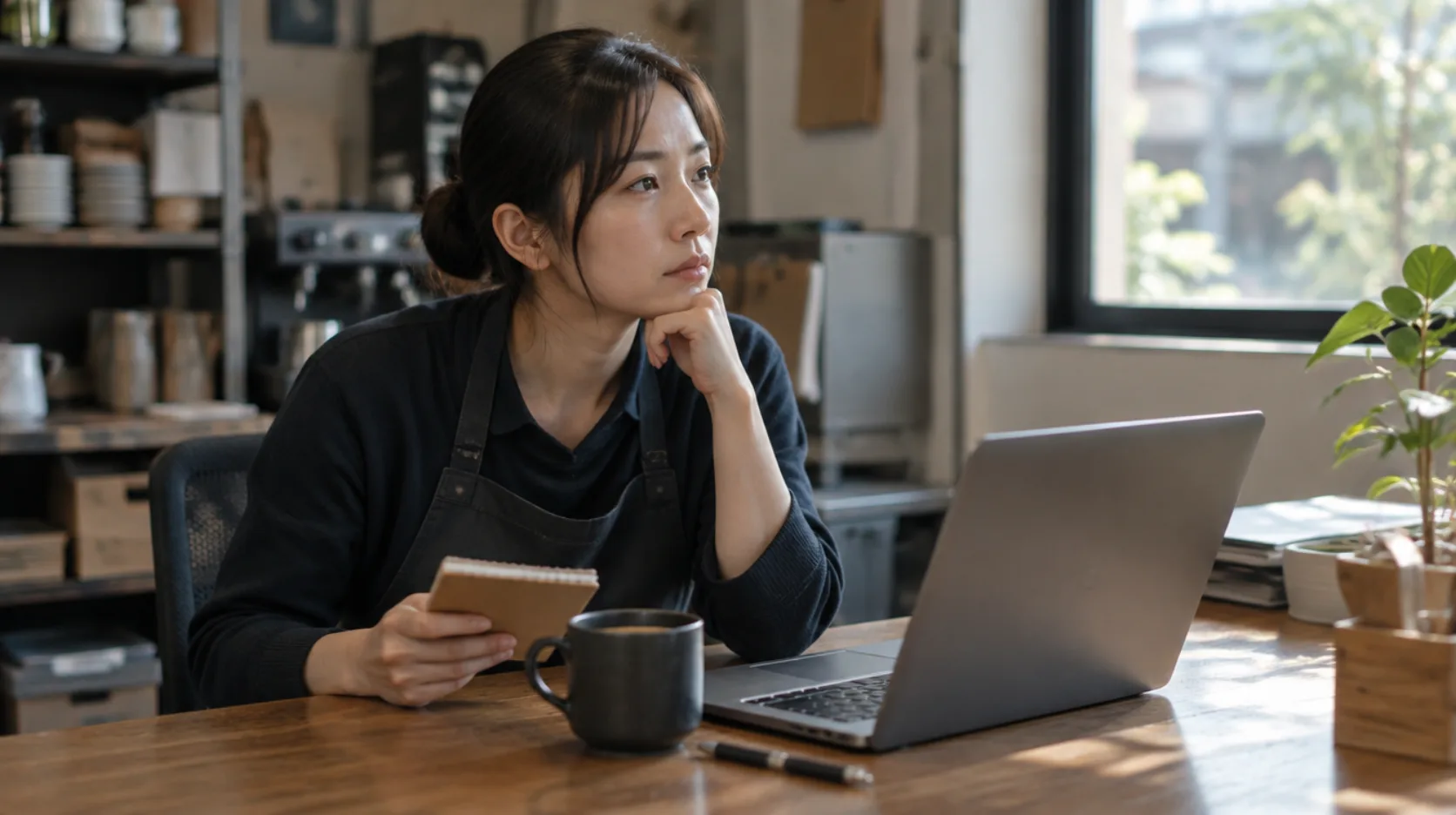 店長が事務所でノートパソコンとノートを見比べて検討するAI生成イメージ