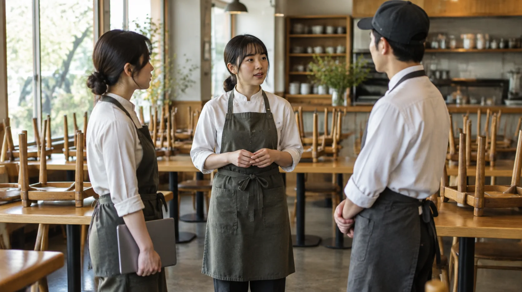開店前にスタッフが集まって短い打ち合わせをするAI生成イメージ