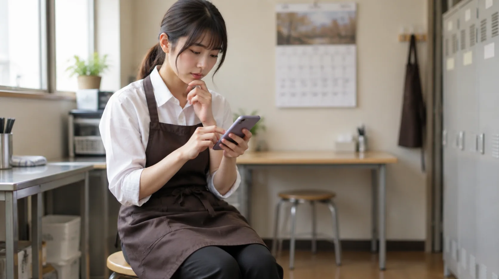 スタッフが休憩室でスマートフォンから希望の勤務日を送るAI生成イメージ