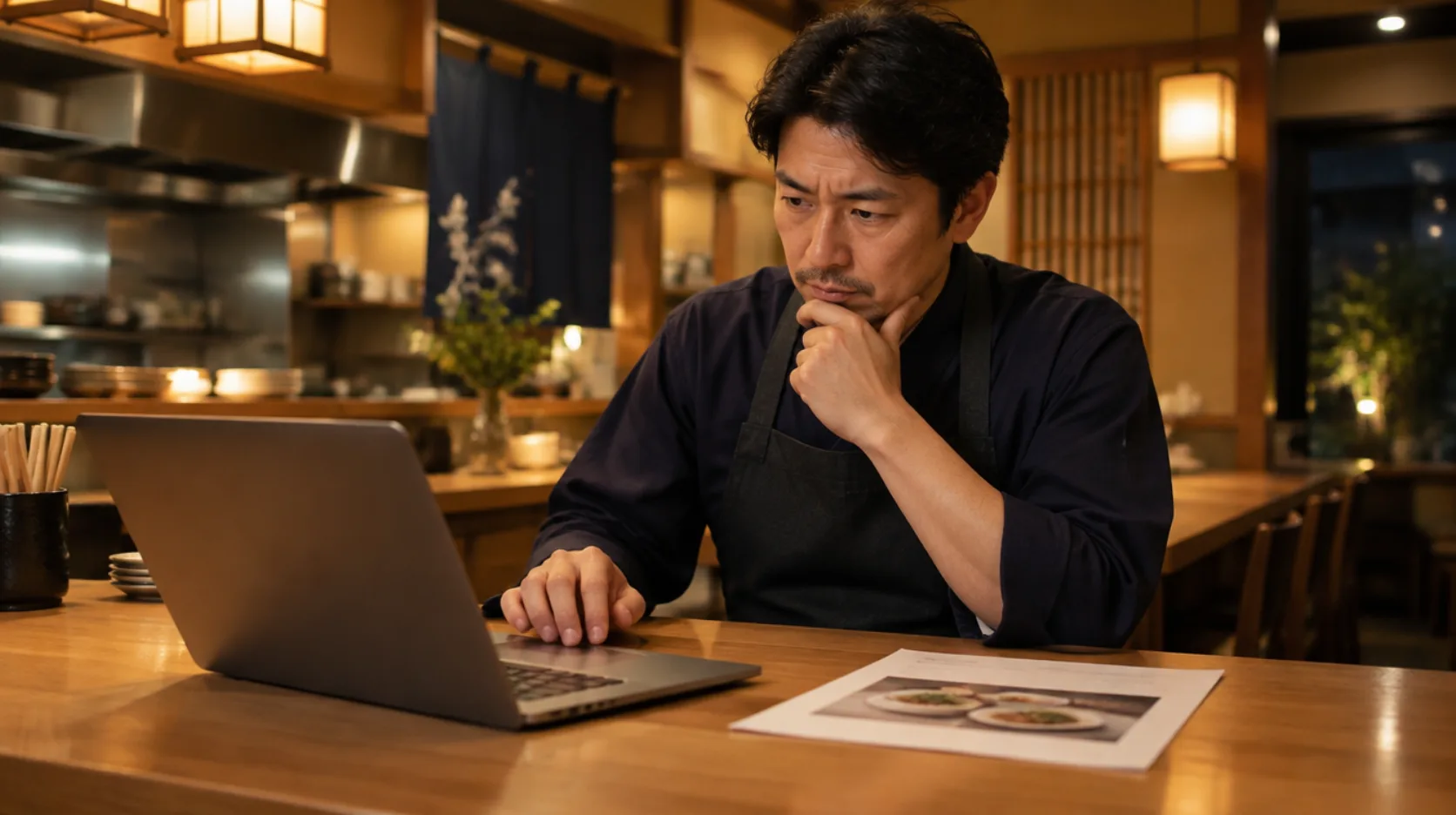 店長がノートパソコンで提案された勤務表を確認するAI生成イメージ