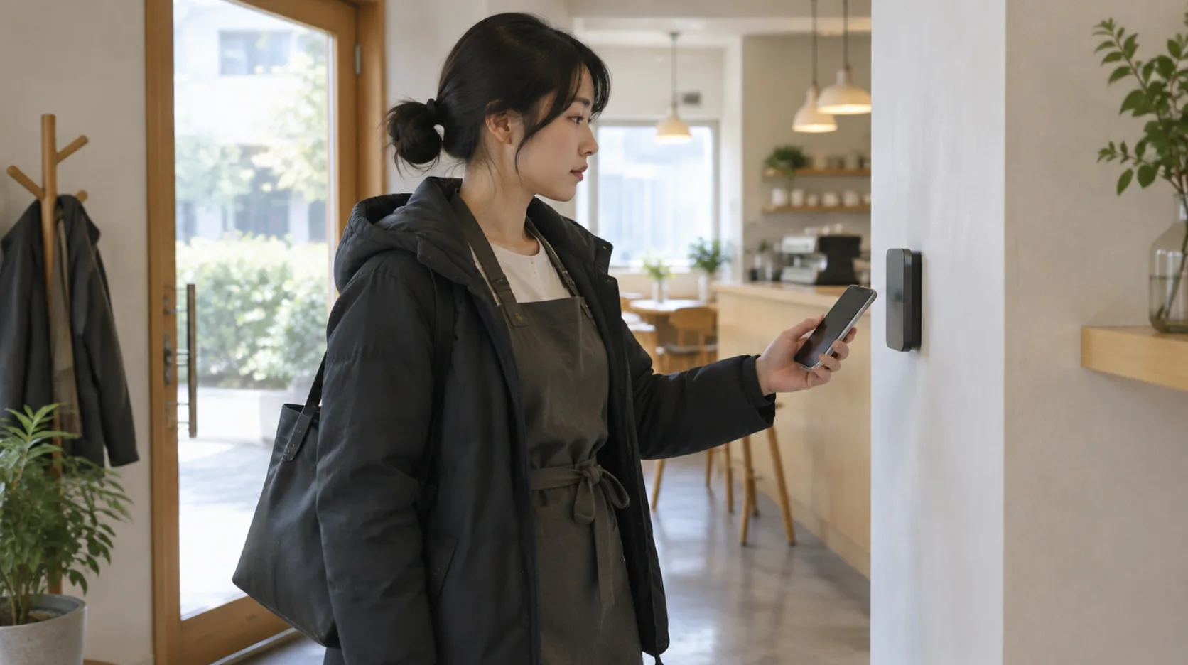 出勤時にスタッフがスマートフォンを端末にかざすAI生成イメージ