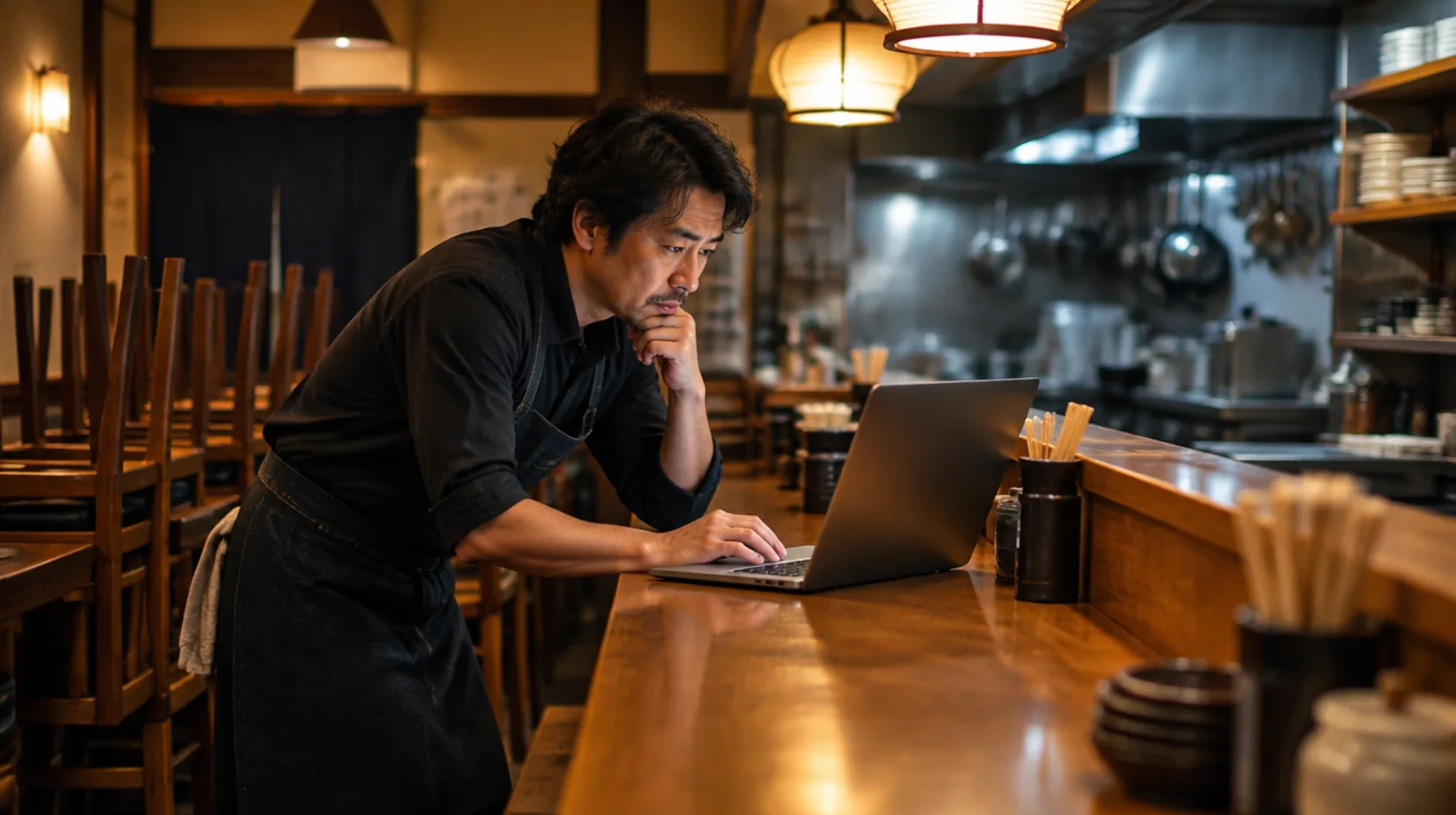 飲食店の開店前にオーナーがノートパソコンで人員を計画するAI生成イメージ