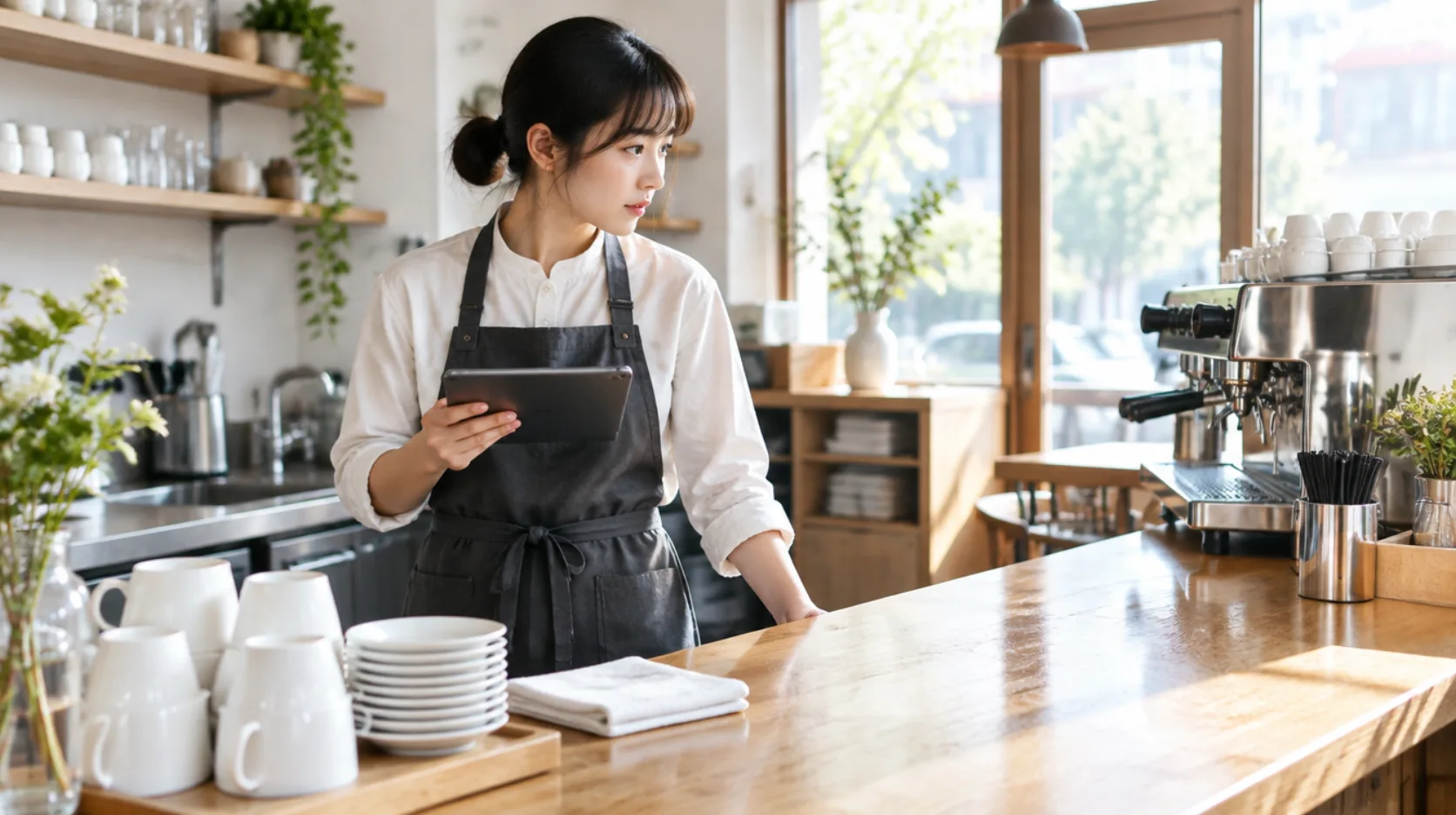 開店準備をタブレットで順に確認するスタッフのAI生成イメージ