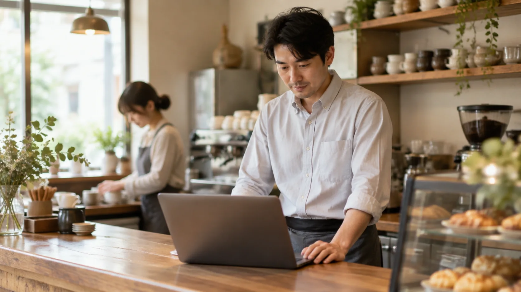 店長がカウンターでノートパソコンを見ながら店の状況を確認するAI生成イメージ
