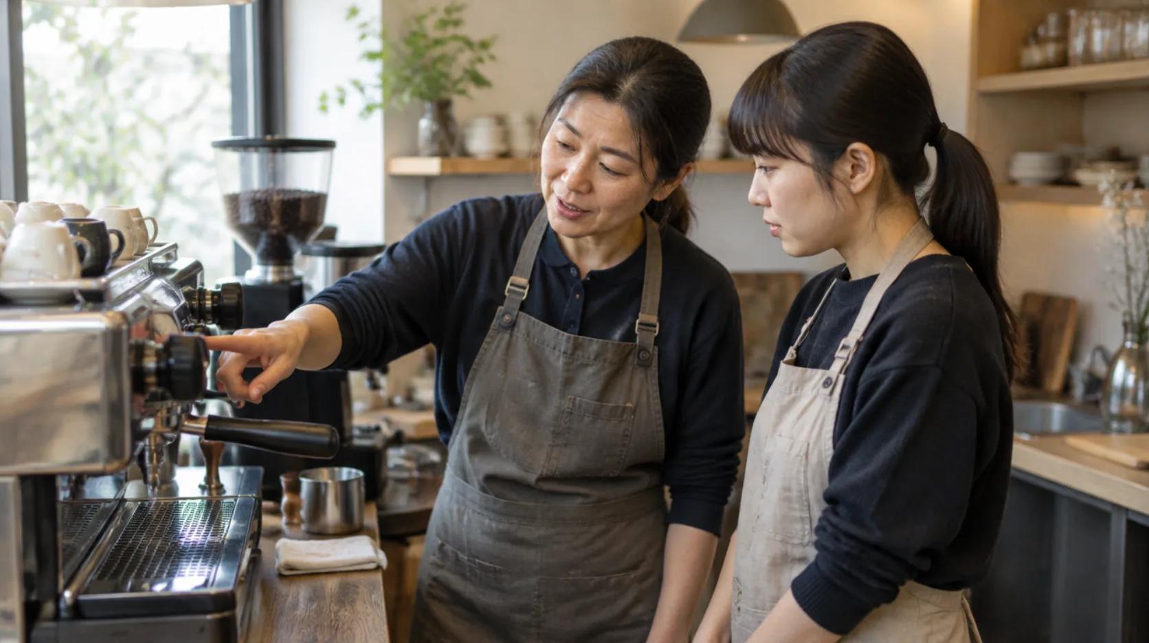 先輩スタッフが新人にコーヒーマシンの手順を教えるAI生成イメージ