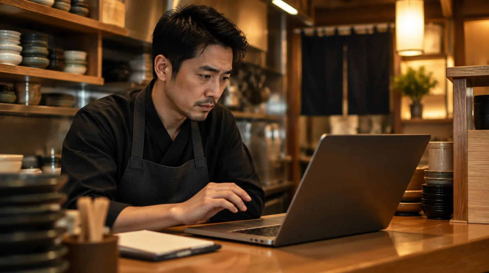 店長がノートパソコンの内容を見直して調整するAI生成イメージ
