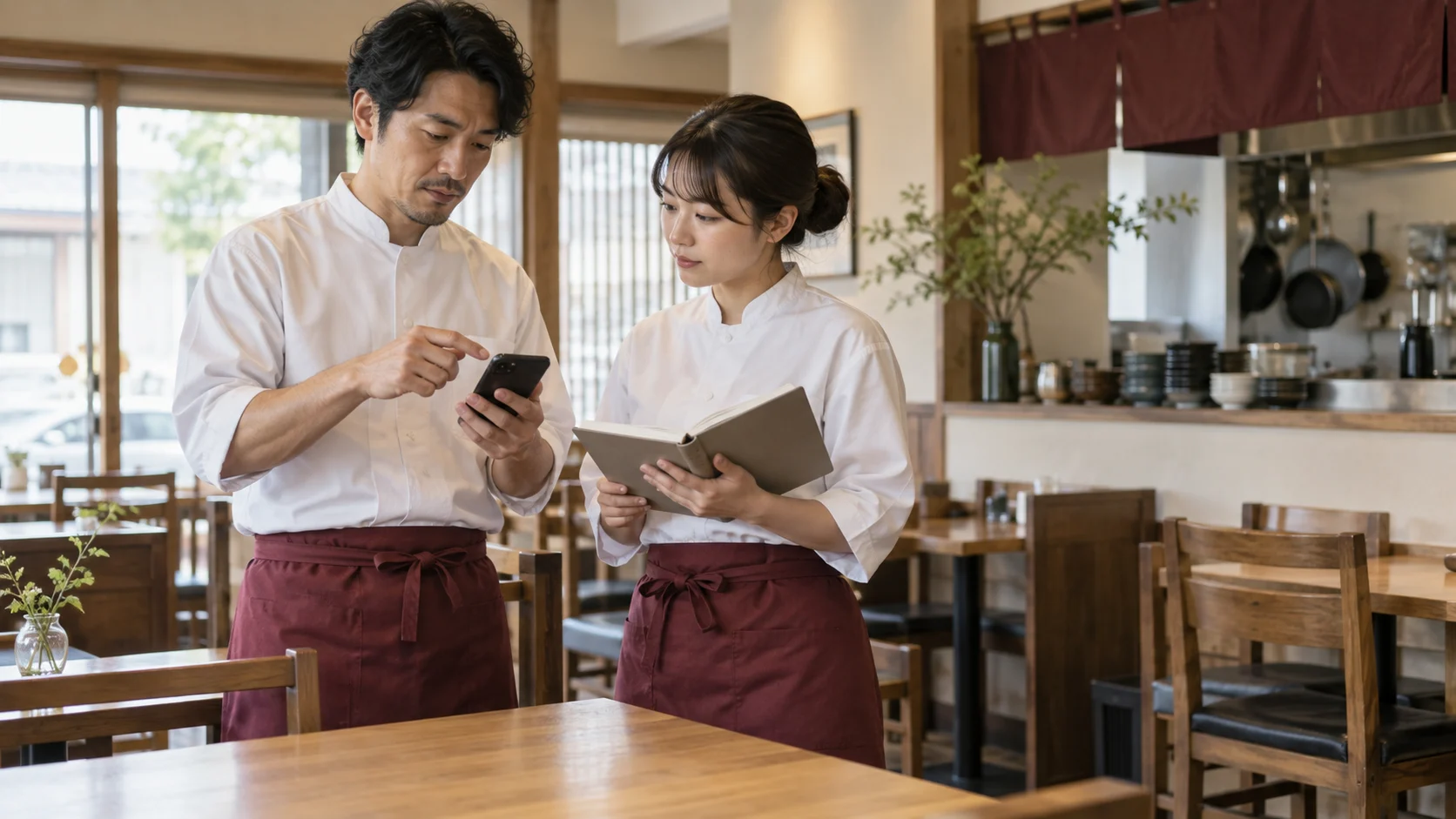 スマートフォンとノートで勤務の変更を相談する店長とスタッフのAI生成イメージ