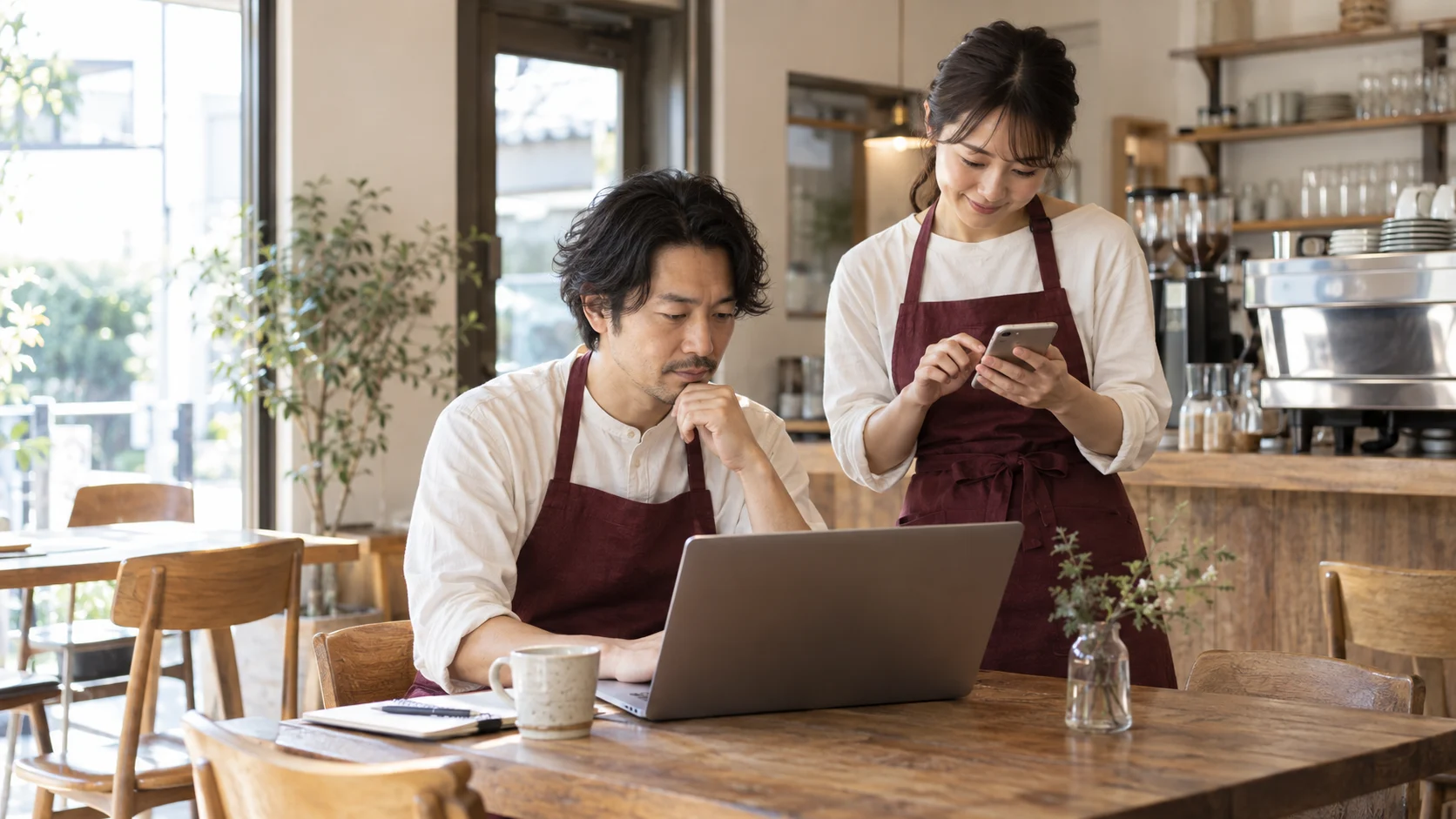 カフェでパソコンとスマートフォンを確認する店長とスタッフのAI生成イメージ