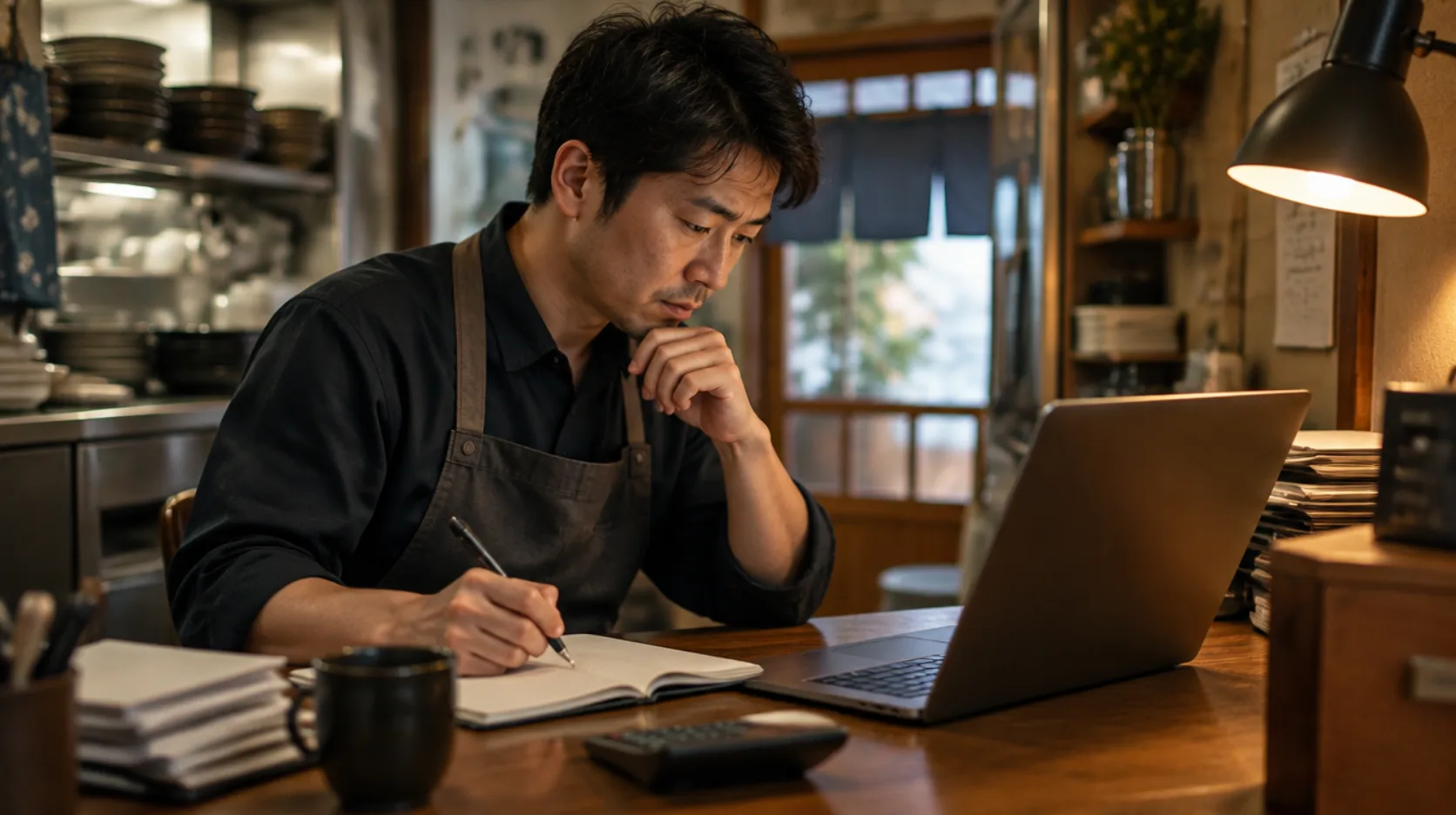 店長が事務所でノートパソコンとノートを見ながら勤務を確認するAI生成イメージ