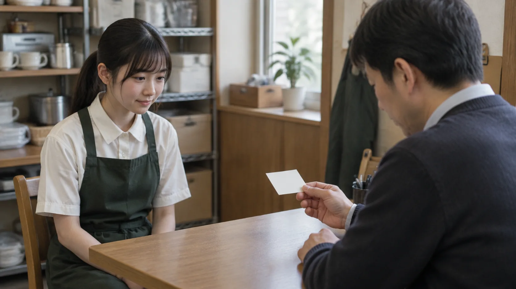 店長が高校生アルバイトと向かい合って確認を行うAI生成イメージ