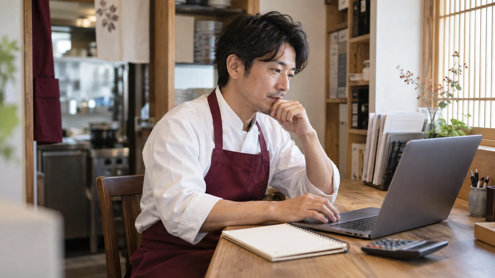 ノートパソコンとノートで勤務計画を確認する店長のAI生成イメージ