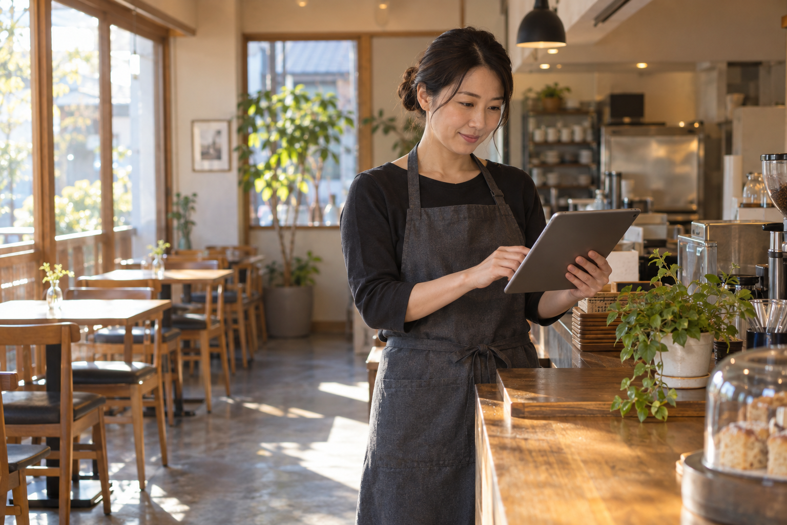 開店前にタブレットで予定を確認する店長のAI生成イメージ