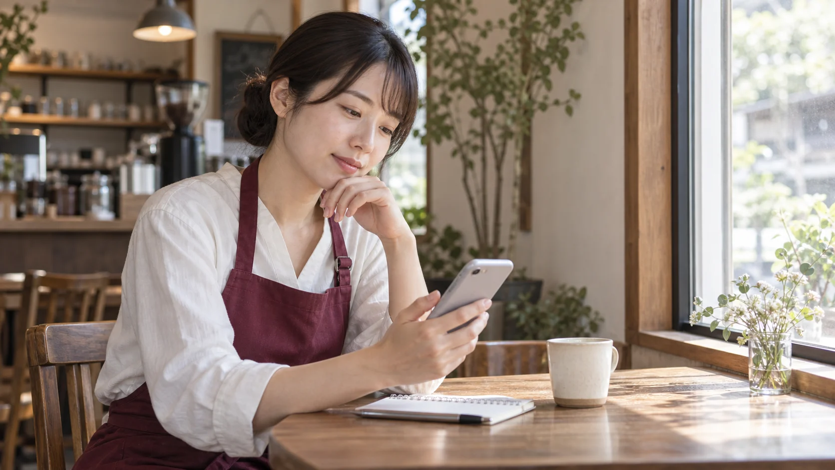 休憩中にスマートフォンで予定を確認するスタッフのAI生成イメージ
