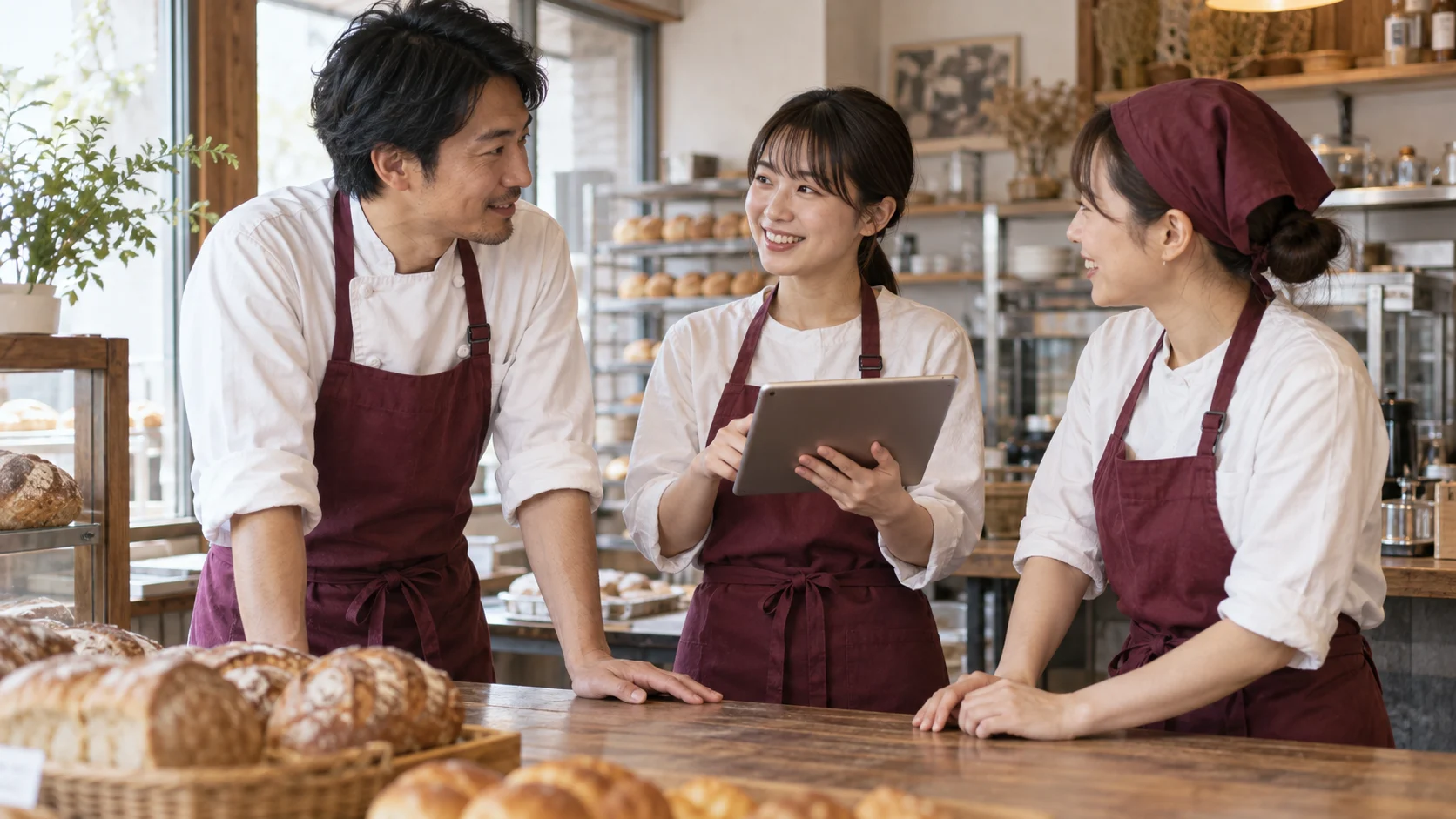 開店前にタブレットを見ながら打ち合わせするベーカリースタッフのAI生成イメージ