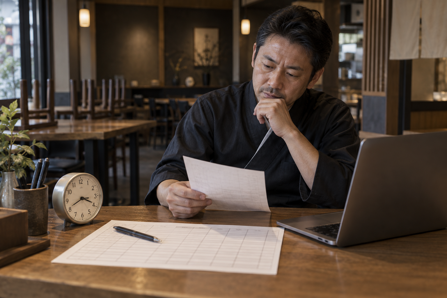 勤務時間を確認する店長。AI生成のイメージです。