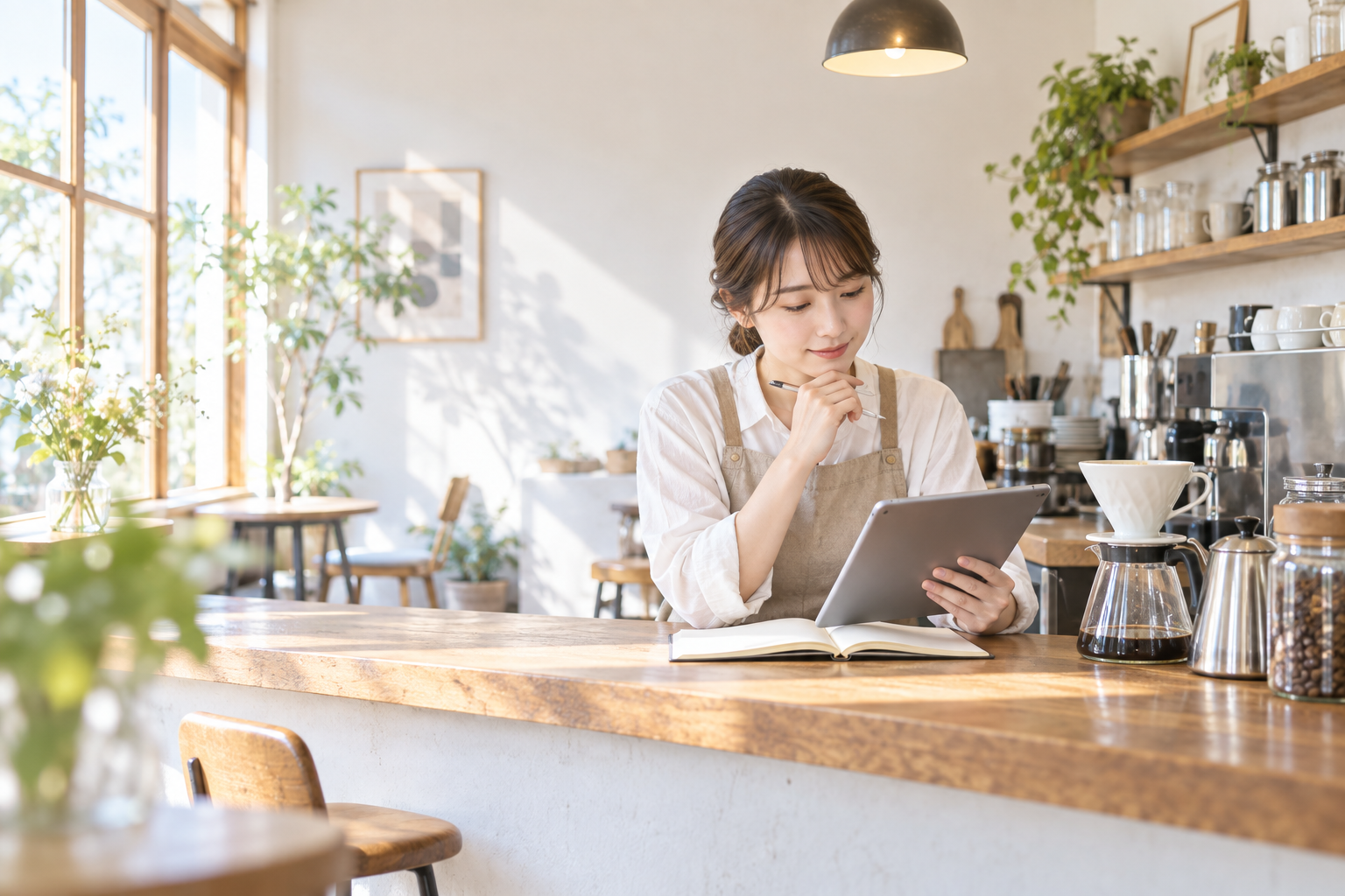 カフェで予定を確認する店長(AI生成イメージ)