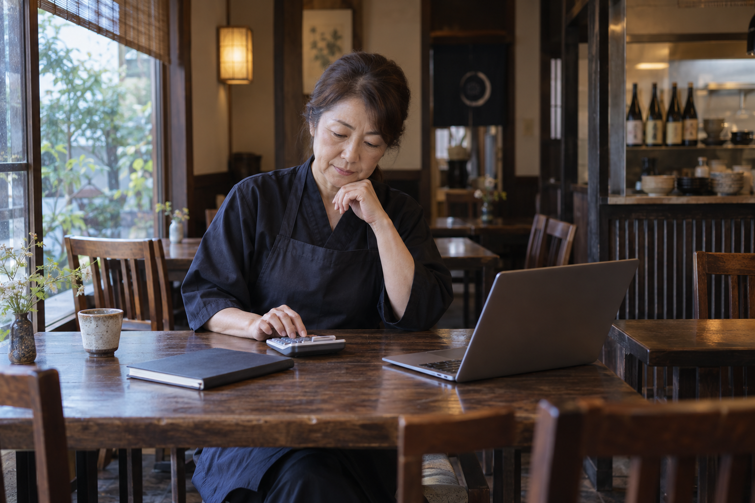 店舗の人件費を検討する店長。AI生成のイメージです。