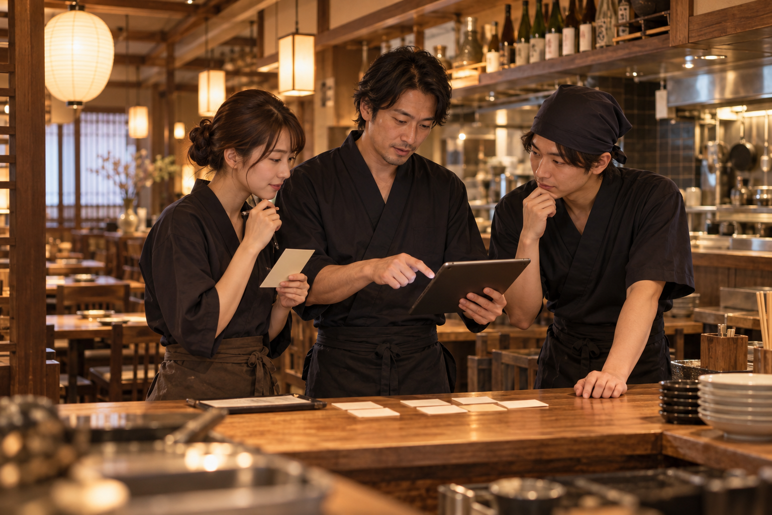 居酒屋で営業前の予定を相談するスタッフ(AI生成イメージ)