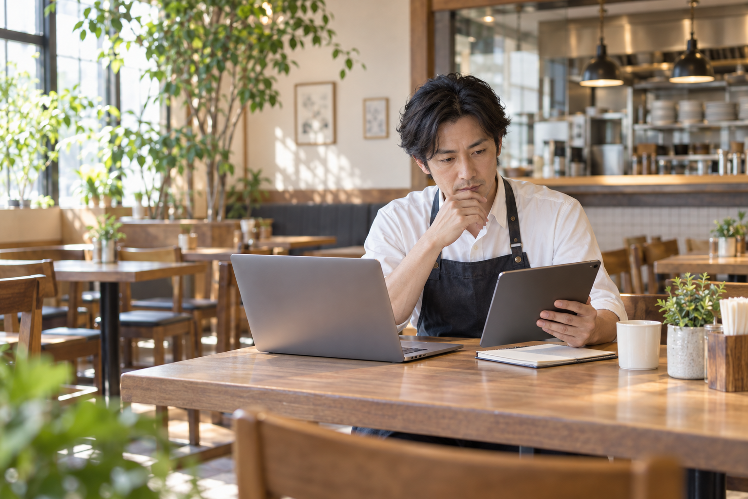 パソコンとタブレットで予定を確認する店長(AI生成イメージ)