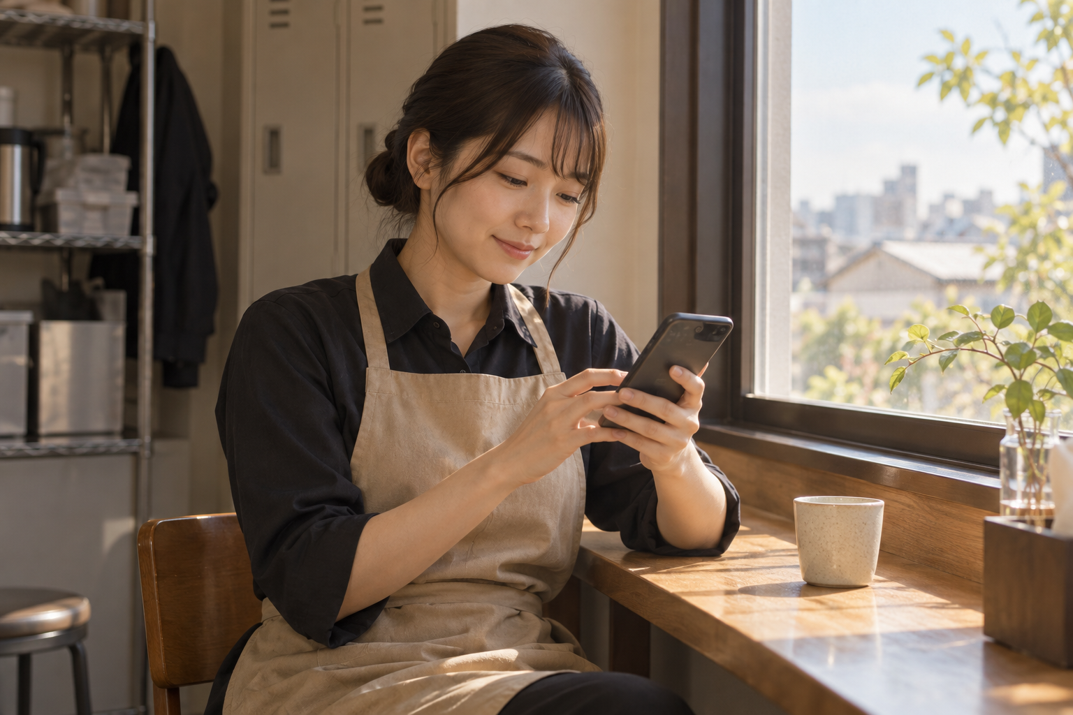 スマートフォンを確認する飲食店スタッフ(AI生成イメージ)
