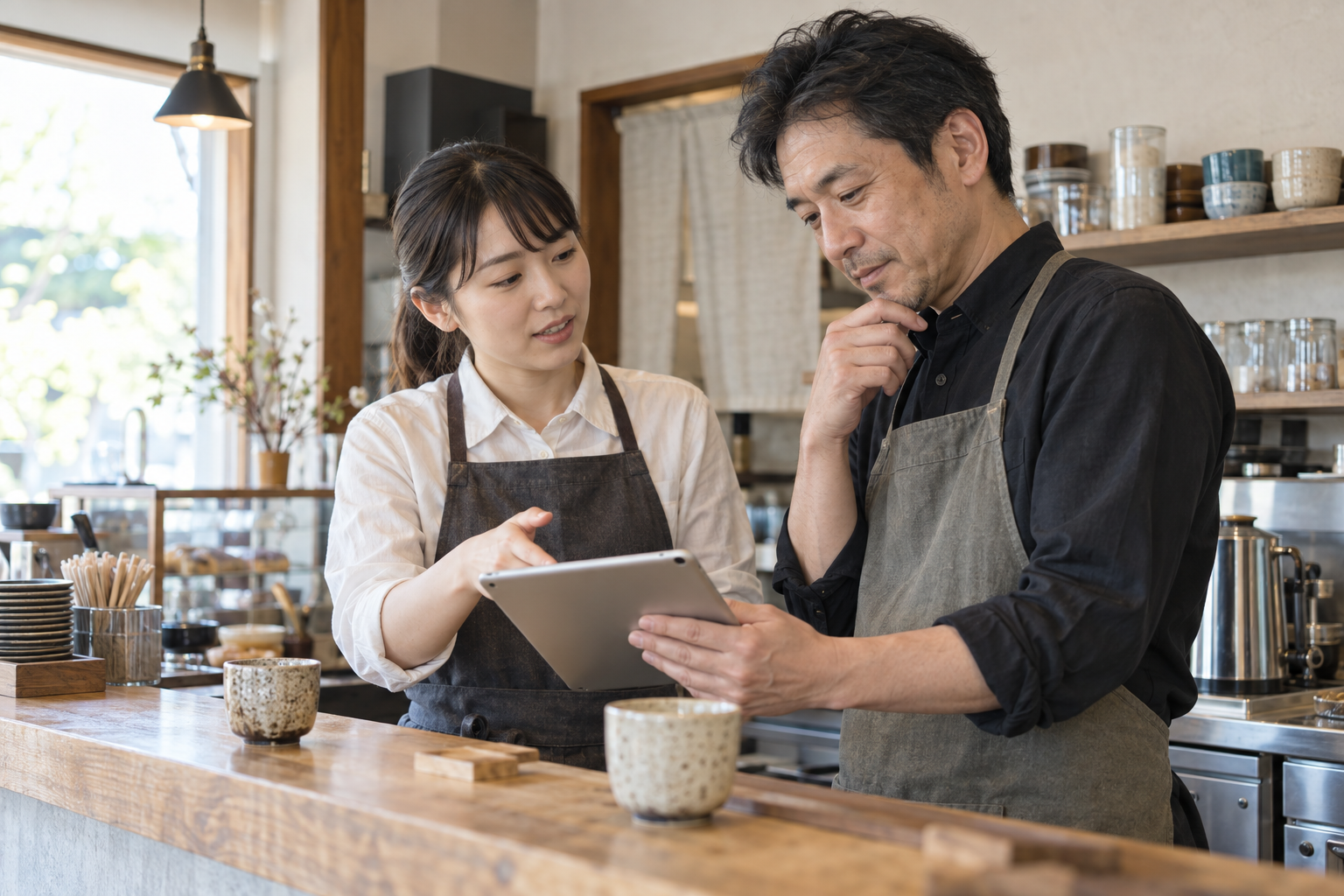 カフェで業務を引き継ぐ管理者。AI生成のイメージです。
