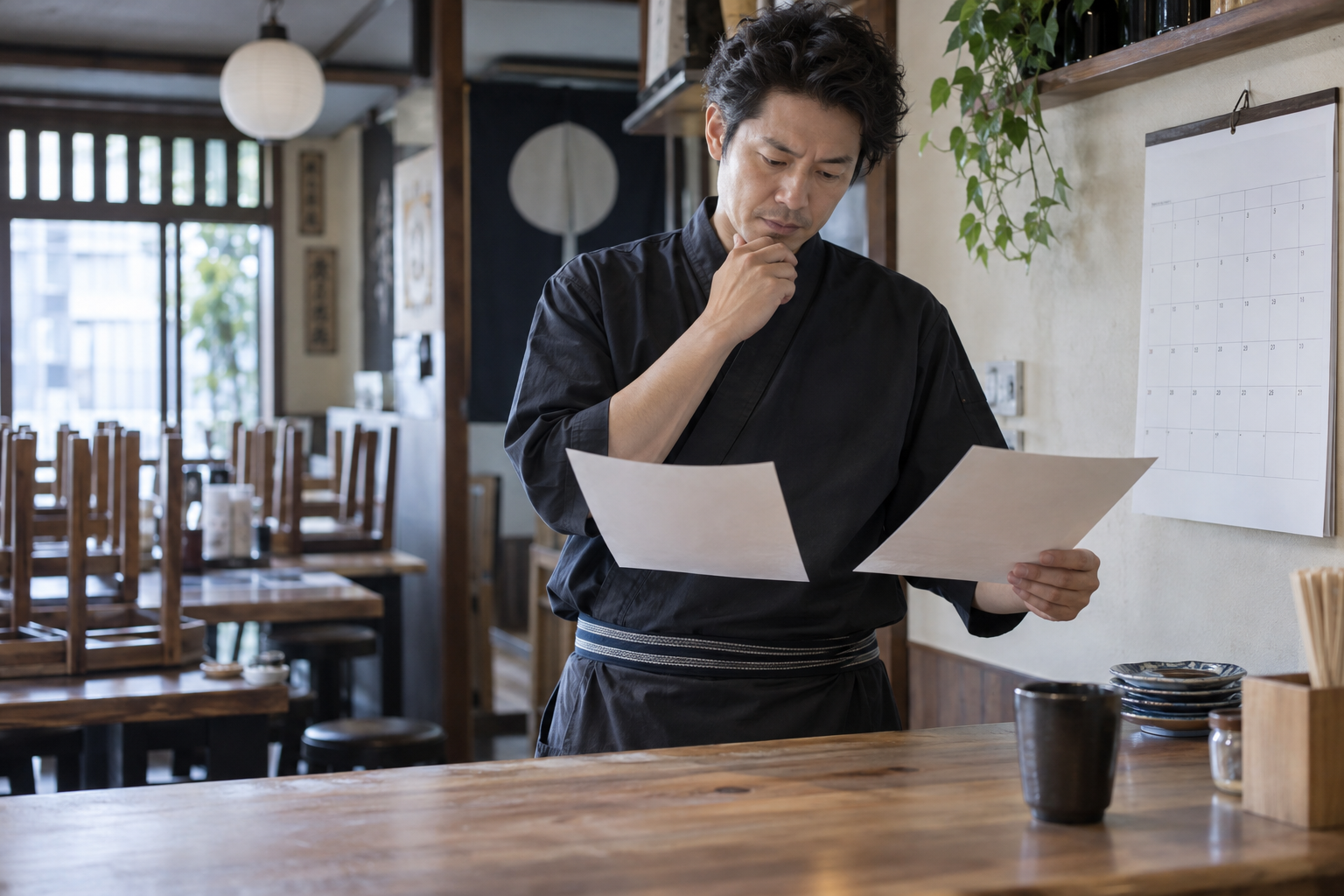 勤務予定を整理する居酒屋の店長。AI生成のイメージで、実際の画面・事例・提供内容を示すものではありません。