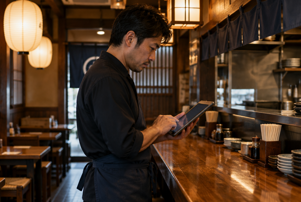 勤務予定を確認する居酒屋の店長。AI生成のイメージで、実際の画面・事例・提供内容を示すものではありません。