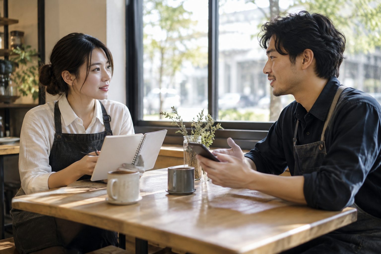 勤務の調整について相談するカフェのスタッフ。AI生成のイメージで、実際の画面・事例・提供内容を示すものではありません。
