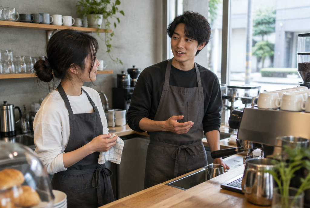 シフトの交代について話すカフェのスタッフ。AI生成のイメージで、実際の画面・事例・提供内容を示すものではありません。