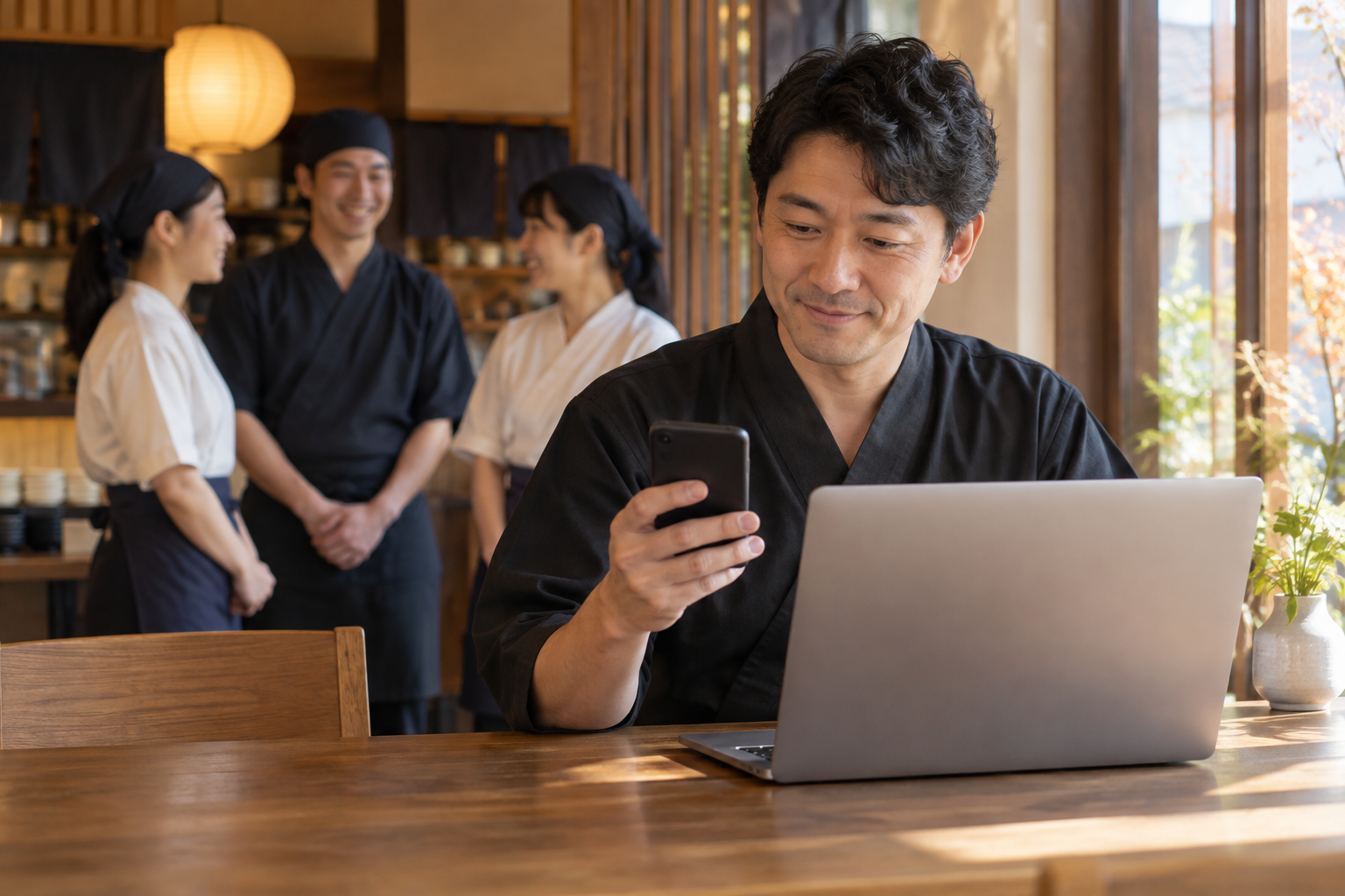 スタッフの参加手続きを確認する店長。AI生成のイメージで、実際の画面・事例・提供内容を示すものではありません。