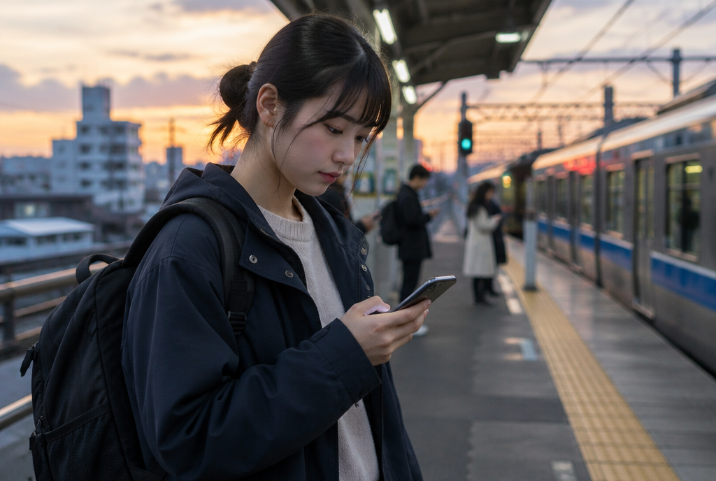 駅のホームで勤務予定を確認する学生アルバイト。AI生成のイメージで、実際の画面・事例・提供内容を示すものではありません。