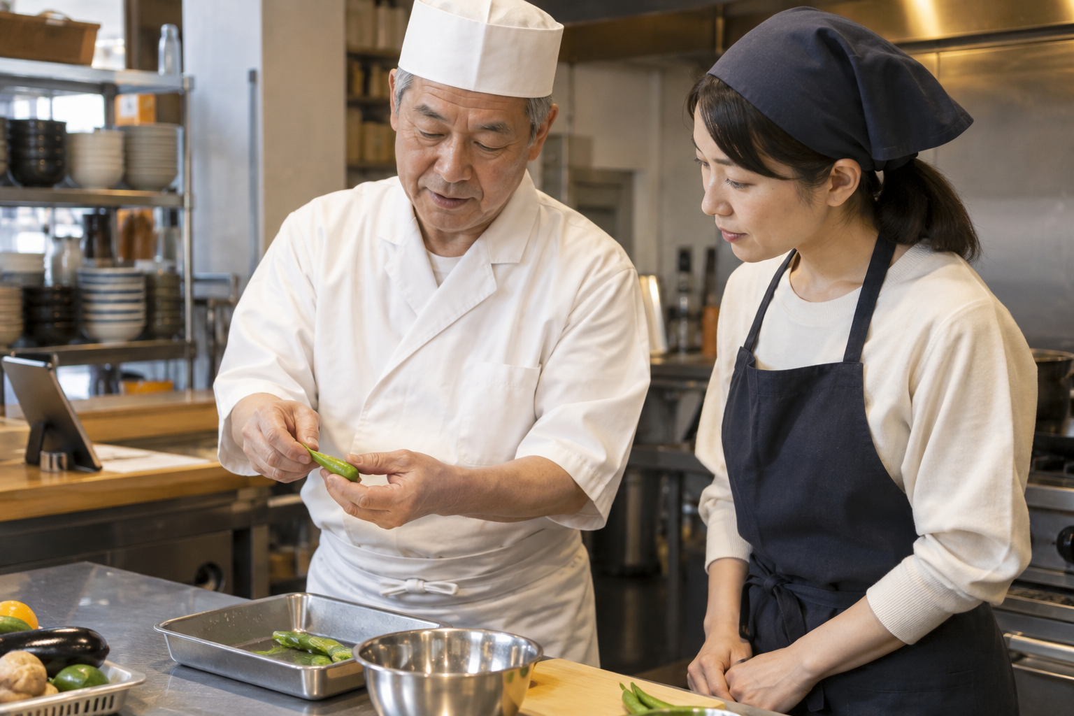 調理手順を教える店長とスタッフ。AI生成のイメージで、実際の画面・事例・提供内容を示すものではありません。