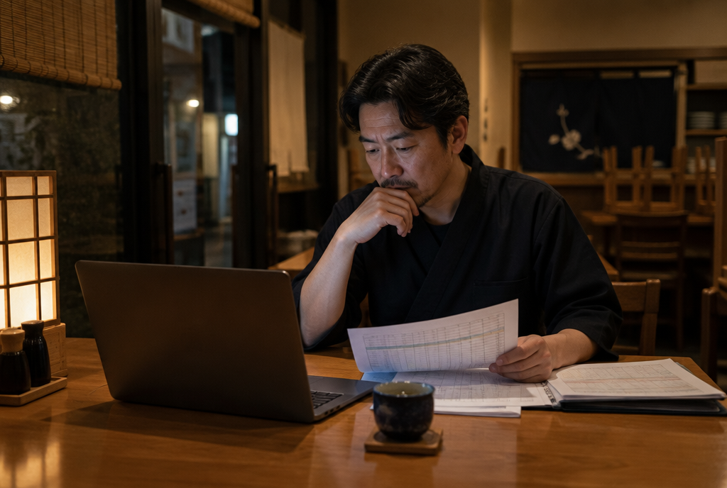 閉店後に勤務時間を振り返る飲食店のオーナー。AI生成のイメージで、実際の画面・事例・提供内容を示すものではありません。