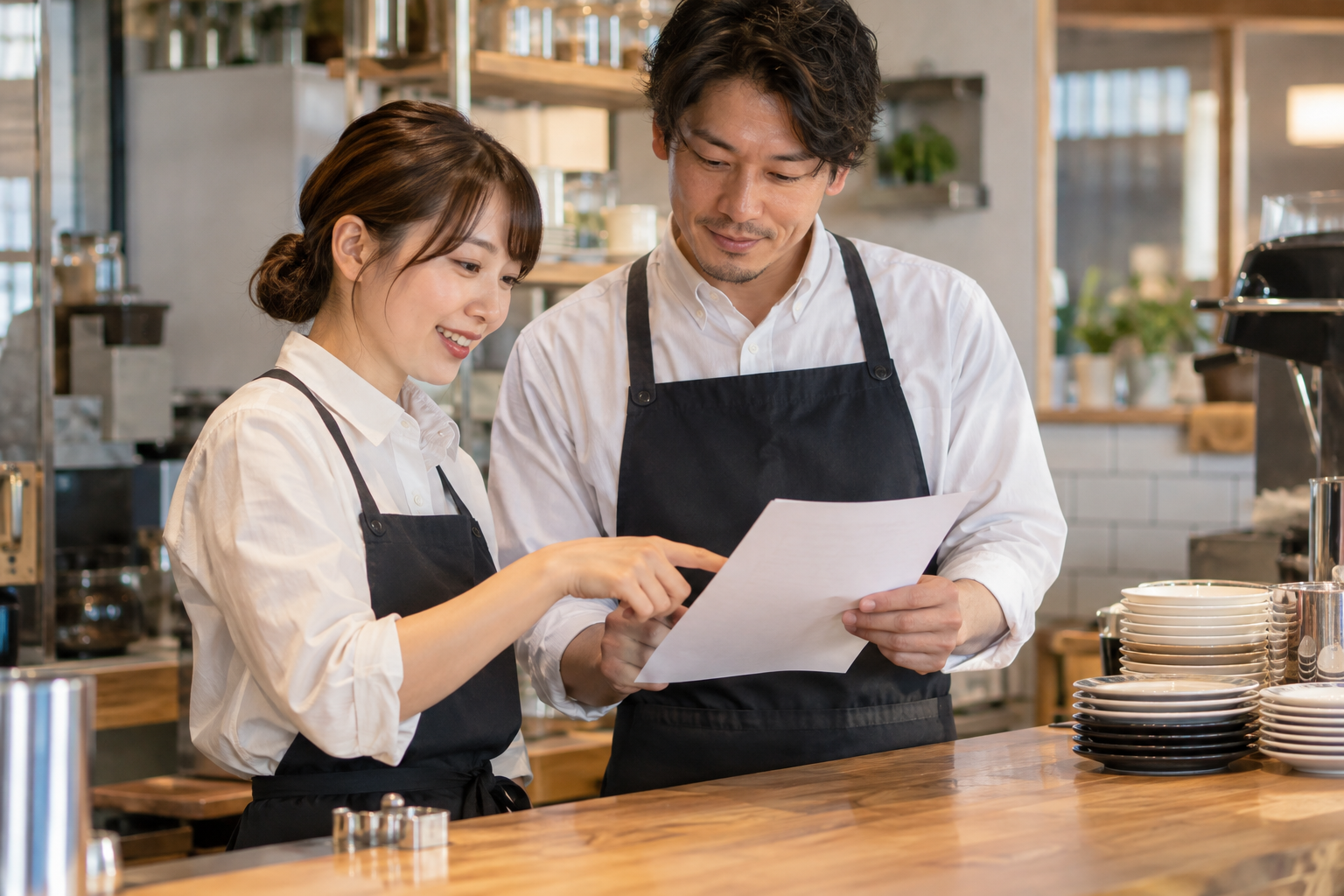 閉店作業を一緒に確認するカフェのスタッフ。AI生成のイメージで、実際の画面・事例・提供内容を示すものではありません。