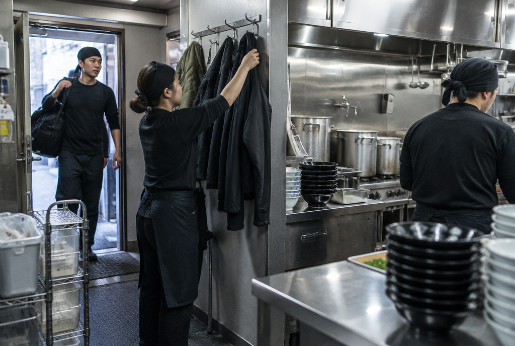 出勤してきたラーメン店の厨房スタッフ。AI生成のイメージで、実際の画面・事例・提供内容を示すものではありません。