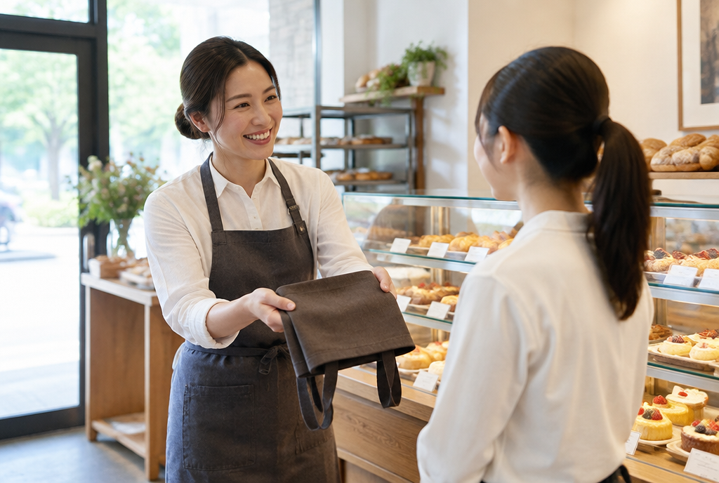初出勤のスタッフを迎えるベーカリーカフェの店長。AI生成のイメージで、実際の画面・事例・提供内容を示すものではありません。