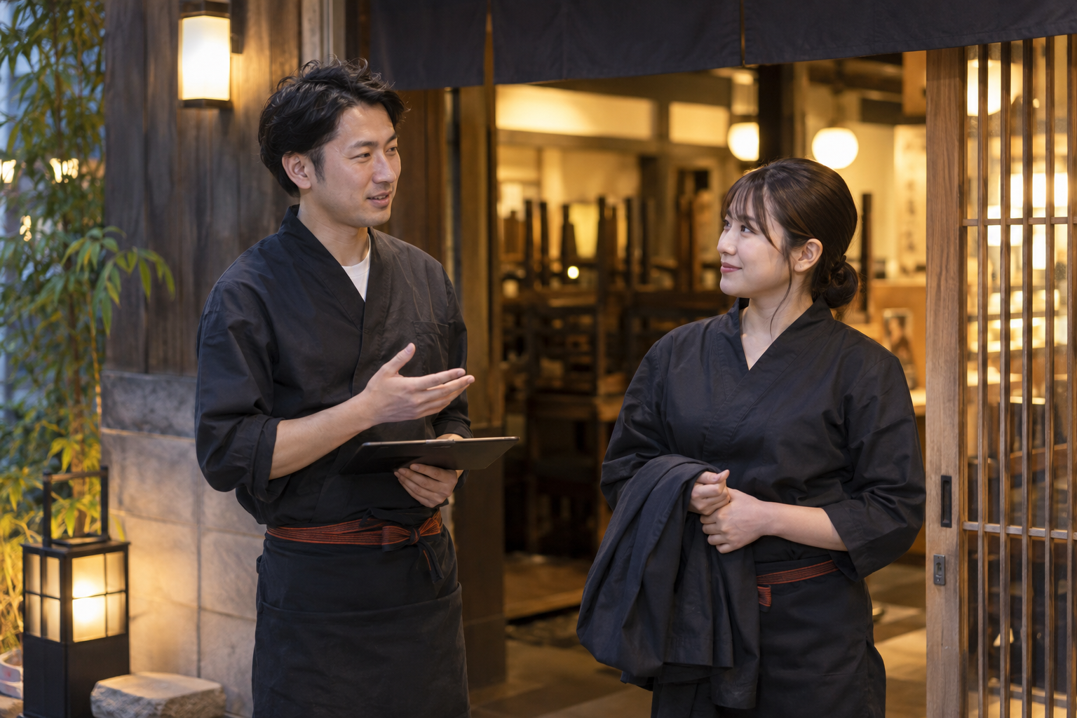 勤務の交代について相談する居酒屋のスタッフ。AI生成のイメージで、実際の画面・事例・提供内容を示すものではありません。