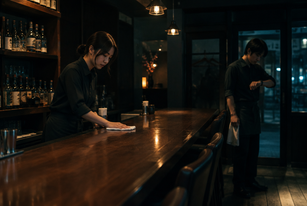 閉店作業をするバーのスタッフ。AI生成のイメージで、実際の画面・事例・提供内容を示すものではありません。