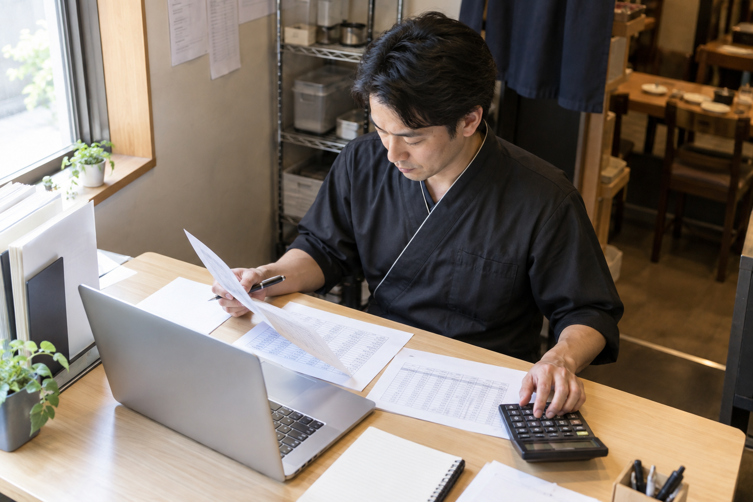 店舗の勤務記録と集計資料を確認する店長。AI生成のイメージで、実際の画面・事例・提供内容を示すものではありません。