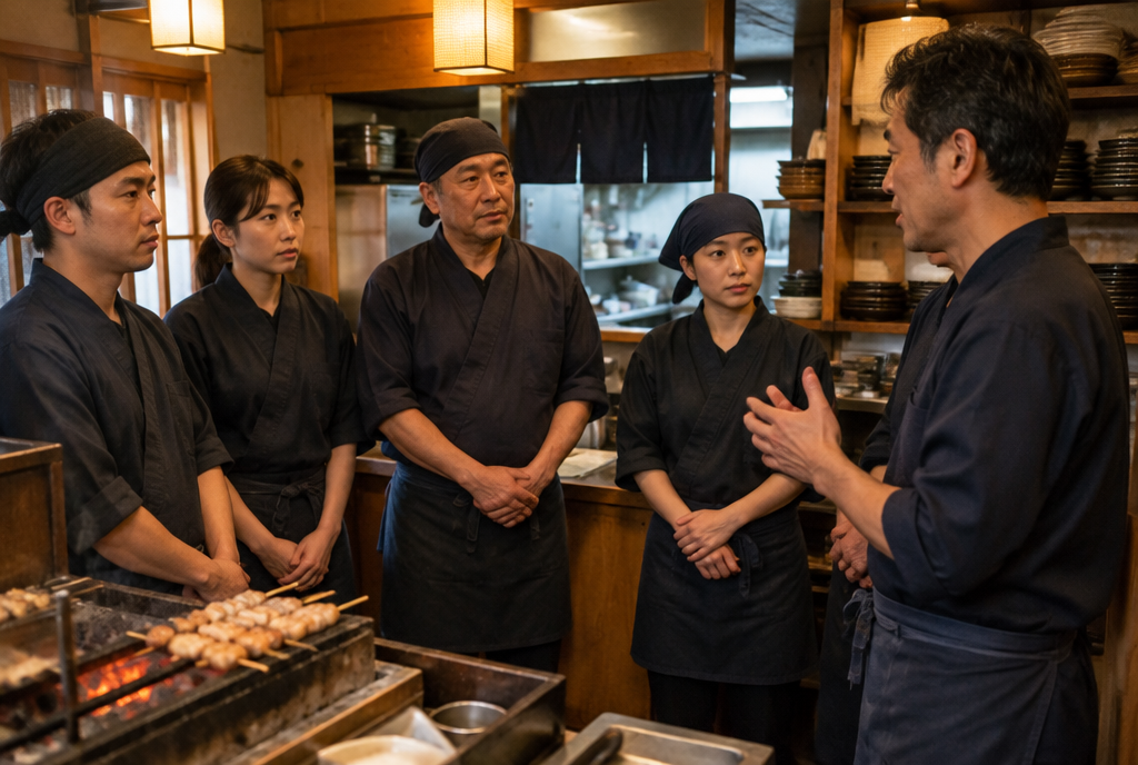 営業前に打ち合わせをする焼き鳥店のチーム。AI生成のイメージで、実際の画面・事例・提供内容を示すものではありません。
