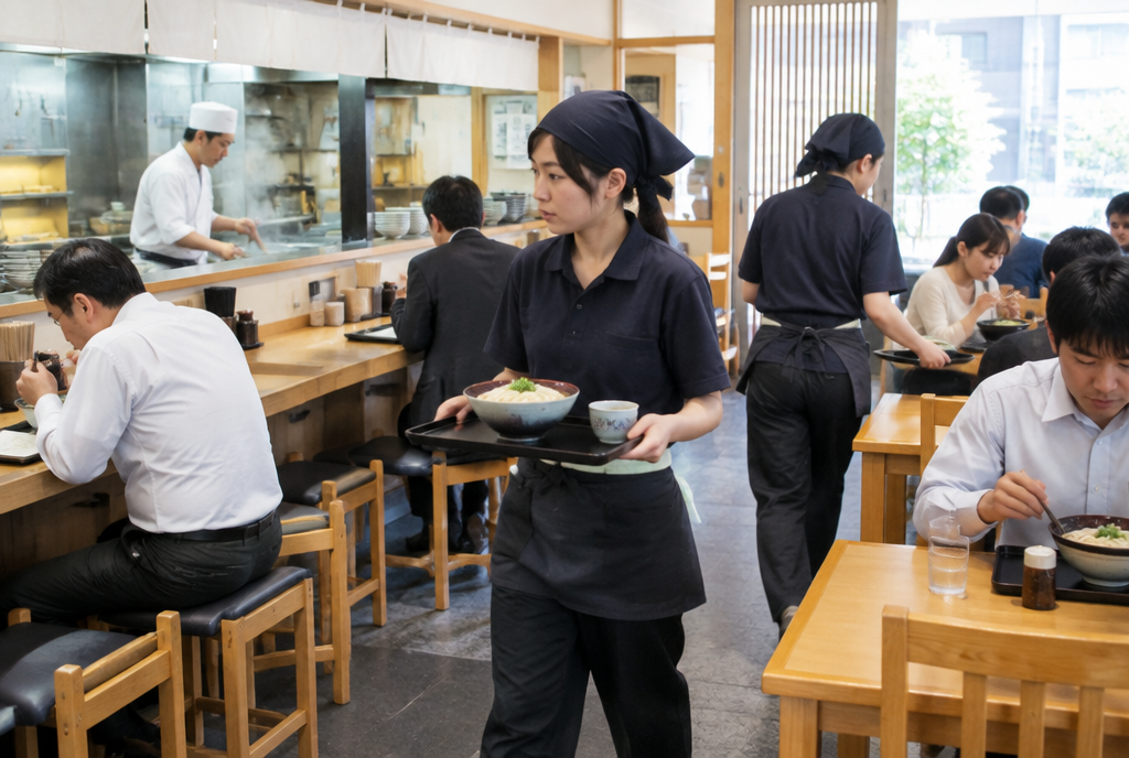 ランチタイムのうどん店で働くスタッフ。AI生成のイメージで、実際の画面・事例・提供内容を示すものではありません。