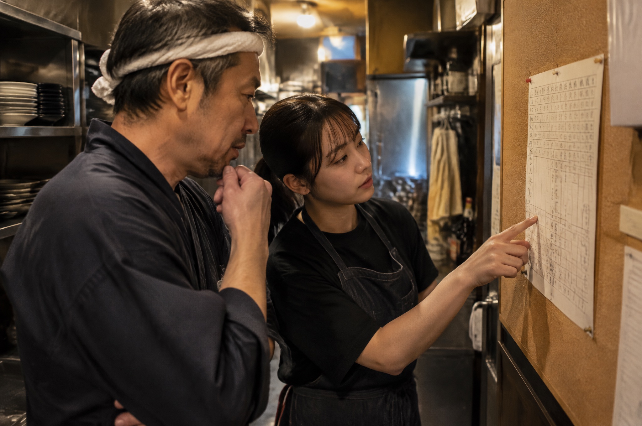 開店前の居酒屋の厨房でシフト表を確認する店主とアルバイト。AI生成のイメージで、実際の画面・事例・提供内容を示すものではありません。