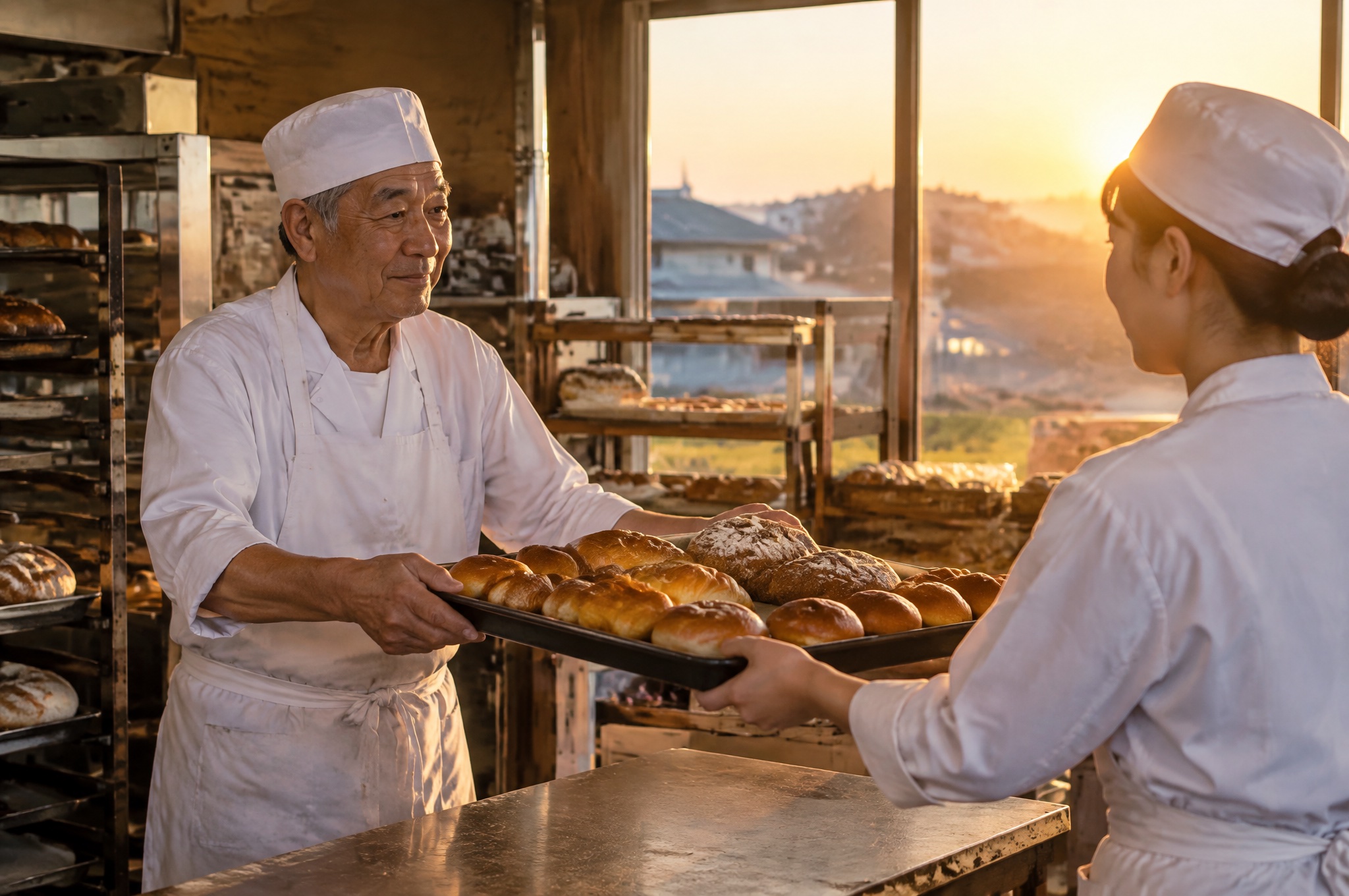 早朝のパン屋で焼きたてのパンを渡して引き継ぐスタッフ。AI生成のイメージで、実際の画面・事例・提供内容を示すものではありません。