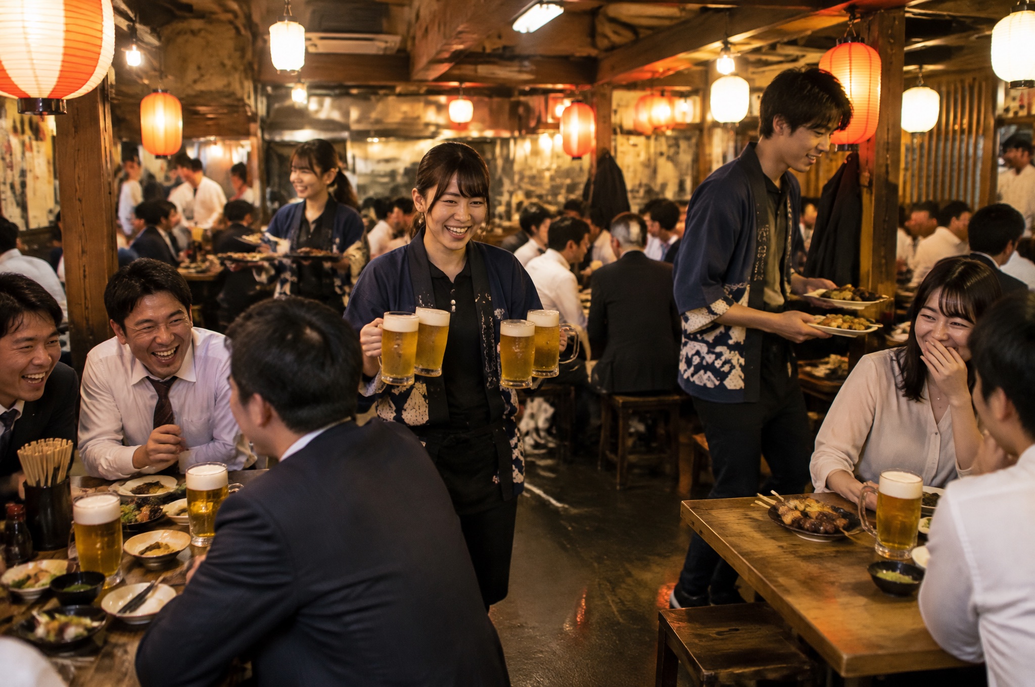 金曜の夜ににぎわう居酒屋で料理を運ぶ店員たち。AI生成のイメージで、実際の画面・事例・提供内容を示すものではありません。